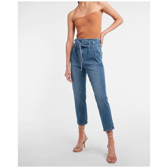 Express Denim - EXPRESS Super High Waisted Belted Paperbag Cropped Straight Jeans sz 4 Women's